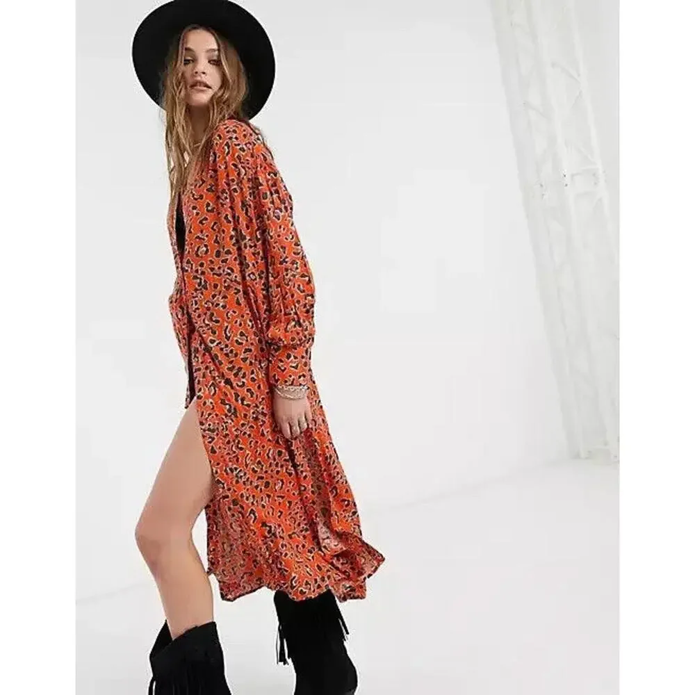 Free People Cest Moi Leopard Print Long Maxi Top, Orange Red,‎ Medium, RRP $148